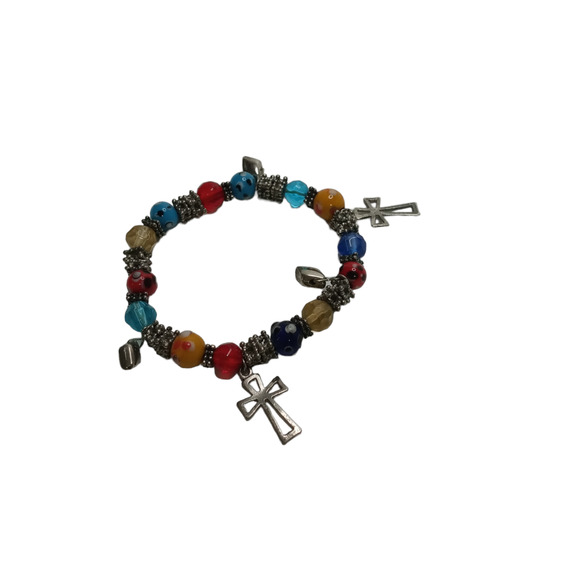 🌈 Multicolor Lampwork Bracelet w/ Cross Charms | Boho VTG Stretch - Picture 11 of 12